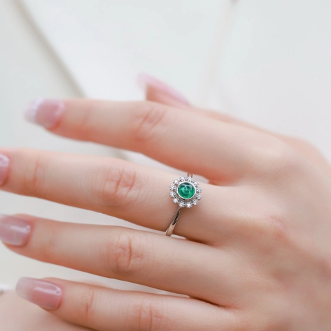 Anello Vintage in Argento Sterling 925 Con Smeraldo di Laboratorio per Donna Pietra Verde Taglio Rotondo Zirconia Gioielli Regolabili