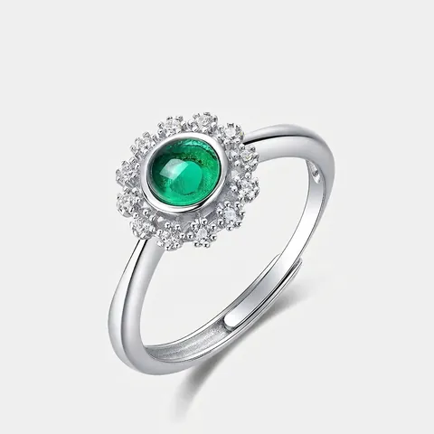Anello Vintage in Argento Sterling 925 Con Smeraldo di Laboratorio per Donna Pietra Verde Taglio Rotondo Zirconia Gioielli Regolabili