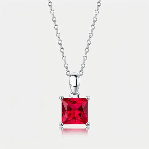 925 Sterling Silver Necklace With Princess Cut Square Lab-grown Ruby Emerald Pendant For Women Elegant Minimalist Jewelry