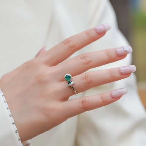 Anello Aperto Bypass in Argento Sterling 925 Vintage per Donna Con Smeraldo Creato in Laboratorio Rotondo E Gioielli di Lusso con Intarsio di Zirconia