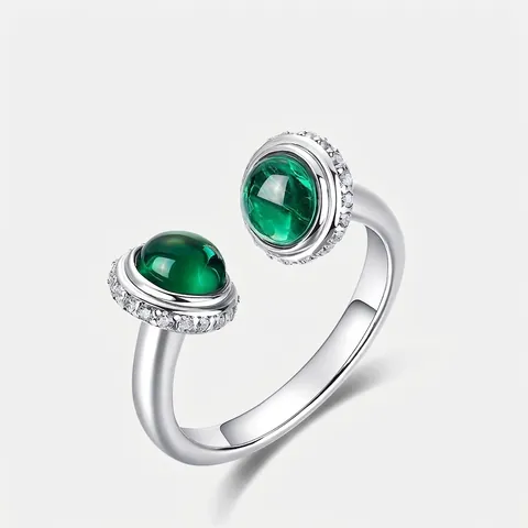 Anello Aperto Bypass in Argento Sterling 925 Vintage per Donna Con Smeraldo Creato in Laboratorio Rotondo E Gioielli di Lusso con Intarsio di Zirconia