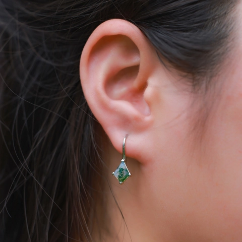 Natural Moss Agate Rhombus Earrings 925 Sterling Silver Hook Earrings Green Water Grass Stone Jewelry For Women Elegant