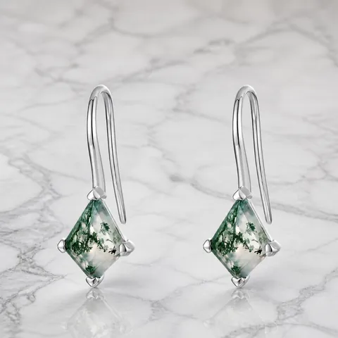 Natural Moss Agate Rhombus Earrings 925 Sterling Silver Hook Earrings Green Water Grass Stone Jewelry For Women Elegant