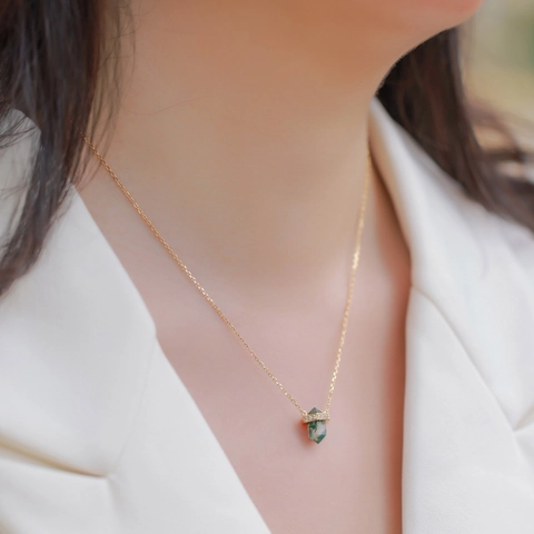 Elegant S925 Sterling Silver Gold Plated Moss Agate Hexagonal Column Pendant Necklace For Women Natural Green Water Grass Agate Inlaid Rhinestone Jewelry