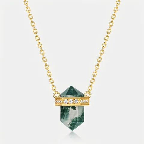 Elegant S925 Sterling Silver Gold Plated Moss Agate Hexagonal Column Pendant Necklace For Women Natural Green Water Grass Agate Inlaid Rhinestone Jewelry