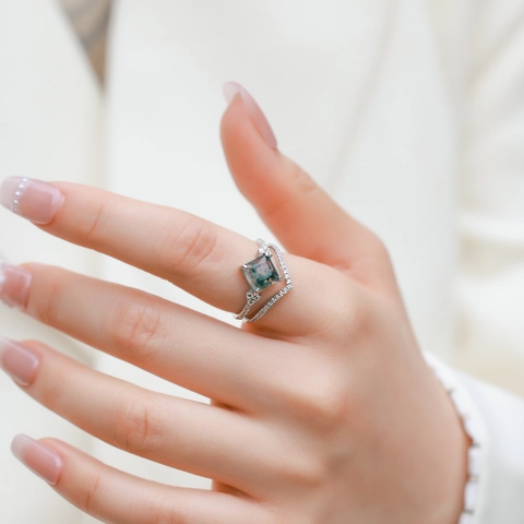 Natural Moss Agate Ring Set For Women 925 Sterling Silver Square Cut Green Gemstone Stackable Vintage Rhinestone Jewelry