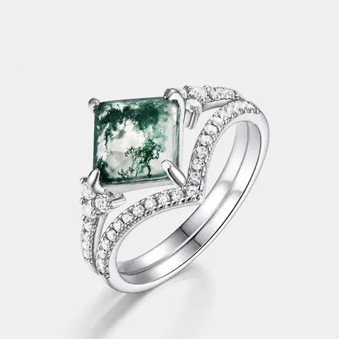 Natural Moss Agate Ring Set For Women 925 Sterling Silver Square Cut Green Gemstone Stackable Vintage Rhinestone Jewelry