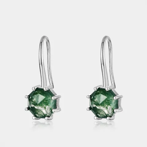 Pendientes de Gancho de Ágata Musgosa Natural Poste de Plata de Ley 925 Piedra Verde Geométrica Joyería Elegante para Mujer