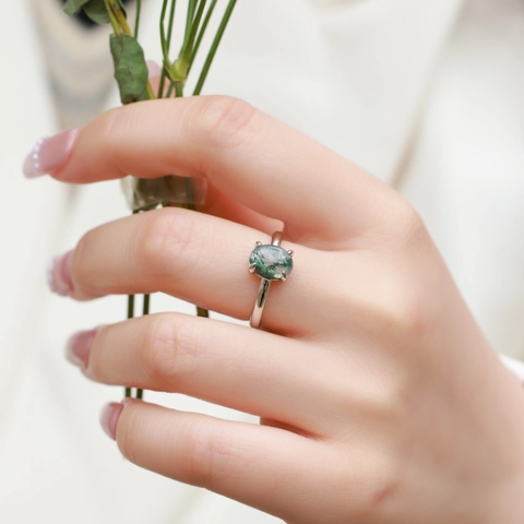 925 Sterling Silver Moss Agate Ring For Women Vintage Minimalist Geometric Green Natural Stone Inlaid Finger Ring Jewelry Gift