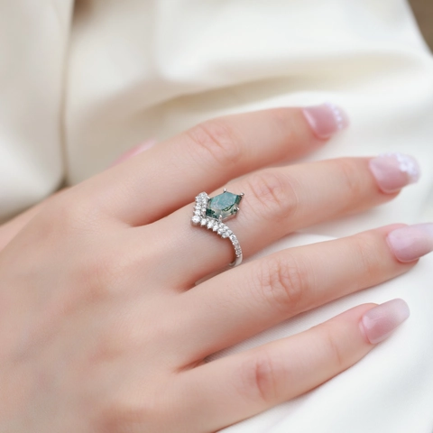 Vintage S925 Sterling Silver Moss Agate Crown Ring For Women Green Natural Stone Inlaid Rhinestone Statement Jewelry Gift