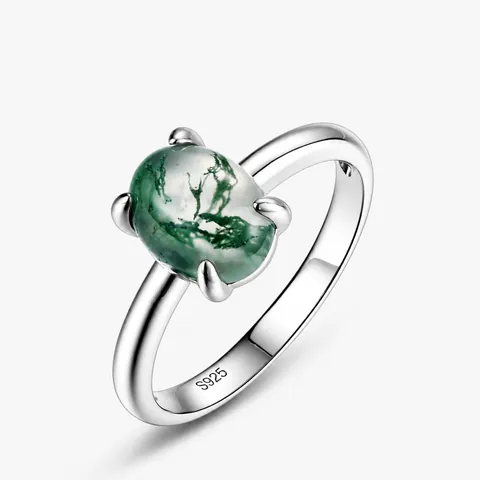 925 Sterling Silver Moss Agate Ring For Women Vintage Minimalist Geometric Green Natural Stone Inlaid Finger Ring Jewelry Gift