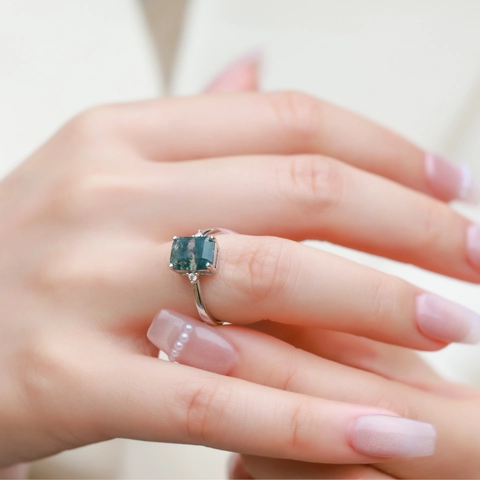 Vintage 925 Sterlingsilber Verstellbarer Ring Für Damen Natürlicher Moosachat Geometrischer Schmuck Strass Akzent Ring