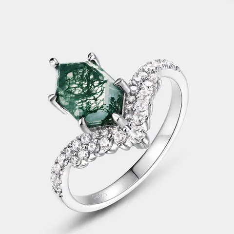 Vintage S925 Sterling Silver Moss Agate Crown Ring For Women Green Natural Stone Inlaid Rhinestone Statement Jewelry Gift