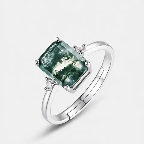 Vintage 925 Sterlingsilber Verstellbarer Ring Für Damen Natürlicher Moosachat Geometrischer Schmuck Strass Akzent Ring