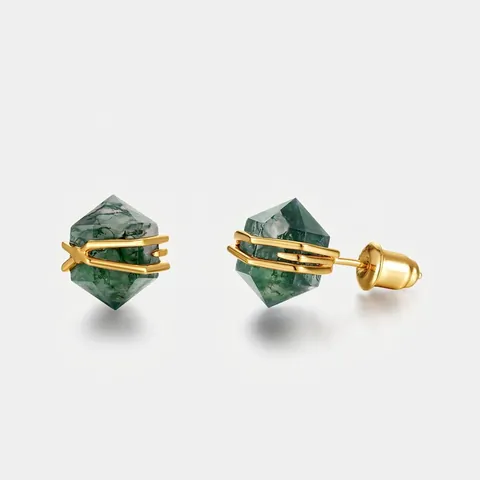 Vintage Gothic Green Moss Agate Hexagonal Column Stud Earrings For Women 925 Sterling Silver Earring Post Inlaid Jewelry