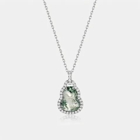 Collier Pendentif Calebasse en Agate Mousse Naturelle Argent Sterling 925 Strass Porte-Bonheur Wu Lou Bijoux pour Femme