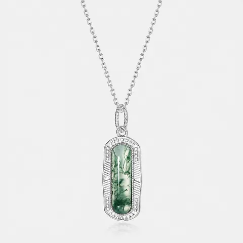 925 Sterling Silver Moss Agate Pendant Necklace Natural Green Water Grass Agate Inlaid Rhinestone Geometric Clavicle Chain Jewelry