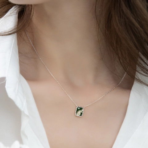 Collana con Pendente Rettangolare in Agata Muschiata Naturale Catena in Argento Sterling 925 Gioielli Donna Pietra Geometrica