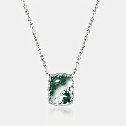 Collana con Pendente Rettangolare in Agata Muschiata Naturale Catena in Argento Sterling 925 Gioielli Donna Pietra Geometrica