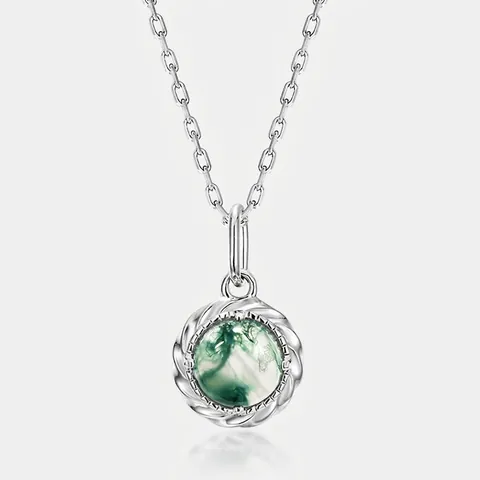 Collana con Ciondolo in Agata Muschiata in Argento Sterling 925 Pietra Verde Naturale Tonda Geometrica Gioielli Donna Regalo
