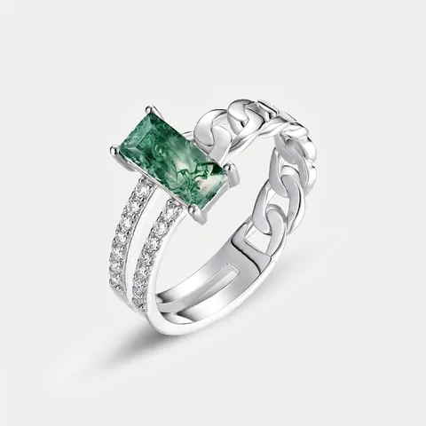Anello in Argento Sterling 925 Vintage con Agata Muschiata Design Geometrico a Catena Pietra Verde Strass per Donna