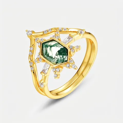 Vintage 925 Sterlingsilber Sechseck Moosachat Stapelbarer Ring Für Damen Starburst Kronen-Design Mit Zirkonia Schmuck Geschenk