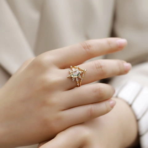 Vintage 925 Sterlingsilber Sechseck Moosachat Stapelbarer Ring Für Damen Starburst Kronen-Design Mit Zirkonia Schmuck Geschenk