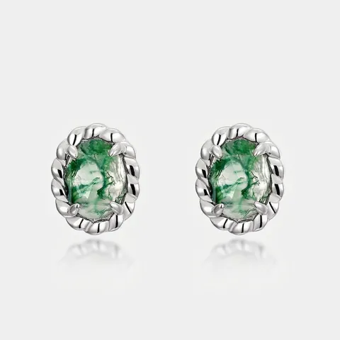 Orecchini a Bottone Ovali in Argento Sterling 925 con Ágata Muschiata per Donna Pietra Naturale Verde Gioielli Eleganti Regalo