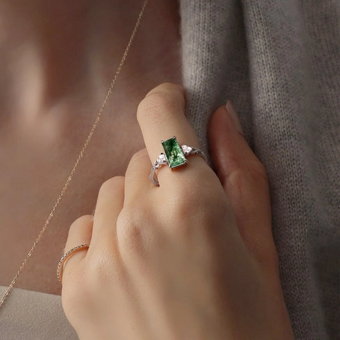 Vintage S925 Sterling Silver Moss Agate Ring For Women Geometric Green Agate Inlaid Rhinestone Adjustable Open Ring Jewelry