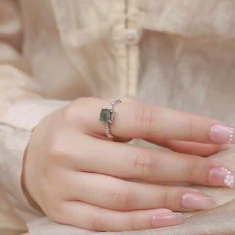Vintage 925 Sterling Silver Moss Agate Ring For Women Square Kite Green Water Grass Agate Rhinestone Finger Ring Simple Jewelry