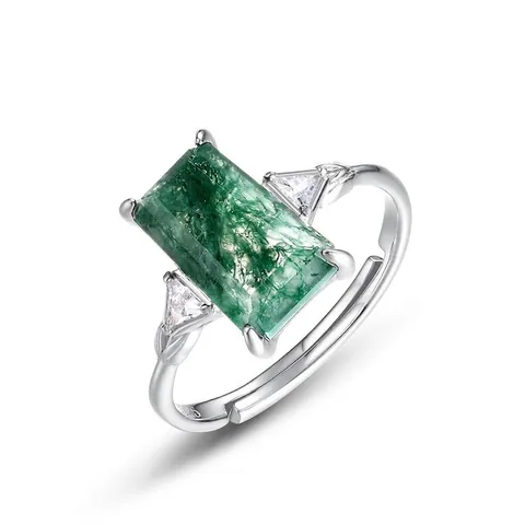 Vintage S925 Sterling Silver Moss Agate Ring For Women Geometric Green Agate Inlaid Rhinestone Adjustable Open Ring Jewelry