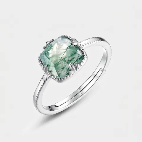925 Sterling Silver Green Moss Agate Open Ring For Women Cushion Cut Natural Gemstone Retro Adjustable Finger Ring Jewelry
