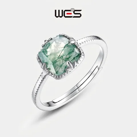 925 Sterling Silver Green Moss Agate Open Ring For Women Cushion Cut Natural Gemstone Retro Adjustable Finger Ring Jewelry