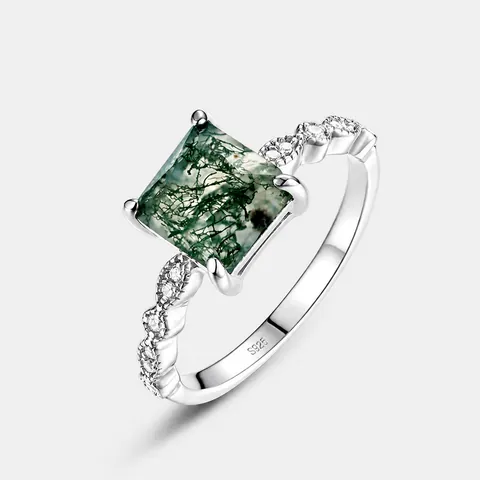 Vintage 925 Sterling Silver Moss Agate Ring For Women Square Kite Green Water Grass Agate Rhinestone Finger Ring Simple Jewelry
