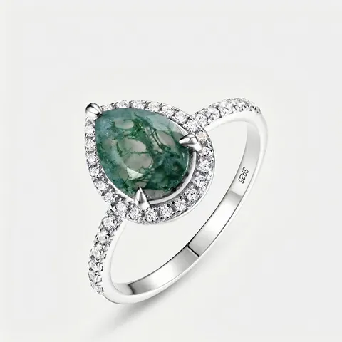 Vintage S925 Sterling Silver Moss Agate Halo Ring For Women Retro Pear Heart Cut Rhinestone Inlaid Fashion Gemstone Ring Jewelry