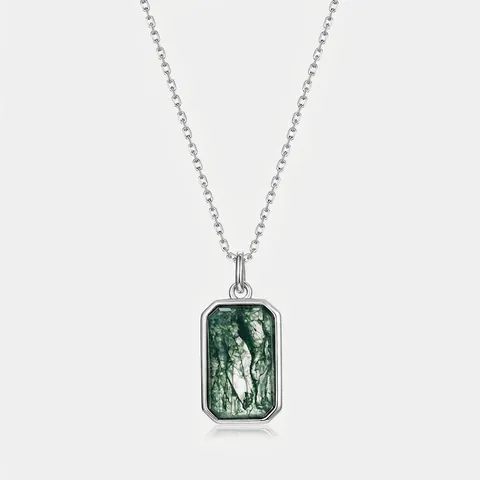 Elegant 925 Sterling Silver Natural Green Moss Agate Pendant Necklace For Women Geometric Inlaid Gemstone Jewelry For Banquet