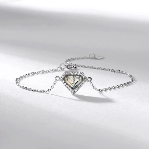 925 Sterling Silver Moss Agate Bracelet For Women Geometric Inlaid Rhinestone Minimalist Green Stone Fine Jewelry Gift