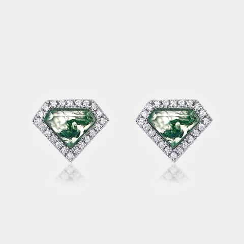 Orecchini a Bottone in Argento Sterling 925 Agata Muschiata Verde Geometrici a Forma di Scudo con Zirconia per Donna