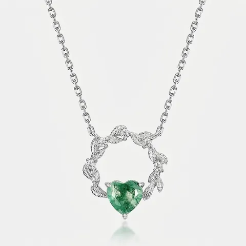 Collana con Pendente a Cuore a Ghirlanda in Agata Muschiata Argento Sterling 925 Moda Elegante Pietra Verde Strass Gioielli da Donna