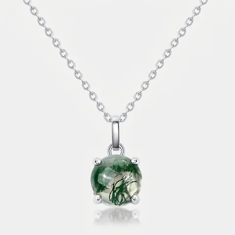 Natural Green Moss Agate Pendant Necklace 925 Sterling Silver Round Gemstone Minimalist Fine Jewelry Gift For Women