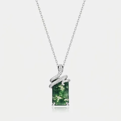 Vintage 925 Sterling Silver Snake Wrap Moss Agate Pendant Necklace For Women Natural Moss Stone Green Gemstone Neck Jewelry