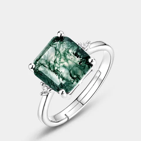 Vintage 925 Sterling Silver Natural Moss Agate Ring For Women Adjustable Square Green Gemstone Zirconia Inlaid Jewelry Gift