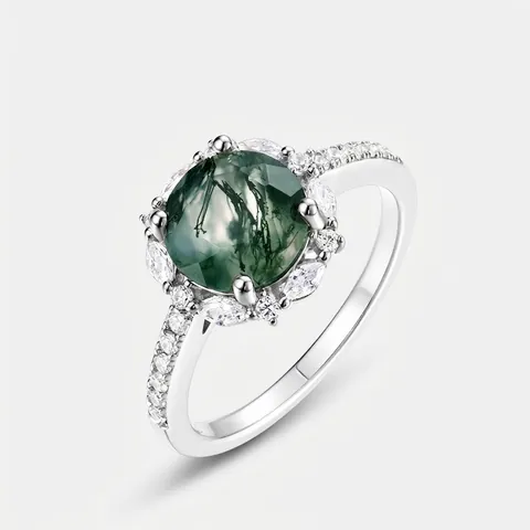 Anillo de Plata de Ley 925 con Ágata Musgo para Mujer Redondo Pera Ovalado Piedra Verde Natural Strass Halo Joyería de Moda