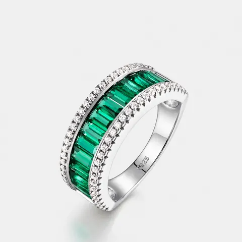 925 Sterling Silver Lab-Grown Emerald Eternity Ring Vintage Luxury Pave Rhinestone Band Ring For Wedding Party Women Jewelry