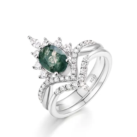 S925 Sterling Silver Natural Moss Agate Crown Rings Vintage White Gold Plated Zirconia Inlaid Luxury Jewelry For Women