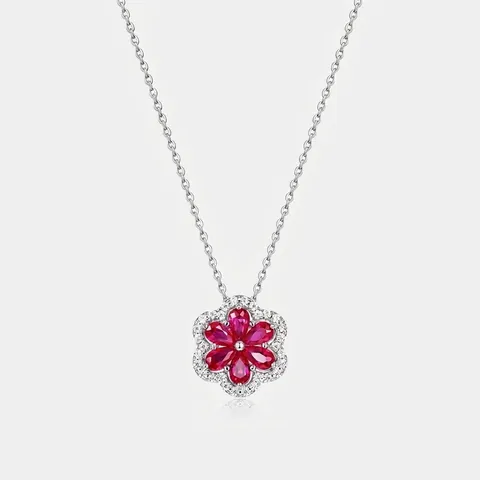 Elegante Collana Con Ciondolo A Fiore In Argento Sterling 925 E Rubino Creato In Laboratorio Placcato Oro Bianco Gioielli Donna