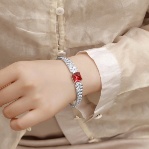 Bracciale Rigido in Argento Sterling S925 per Donna Rubino Smeraldo Creato in Laboratorio Taglio Sugarloaf Quadrato Geometrico Strass Gioielli