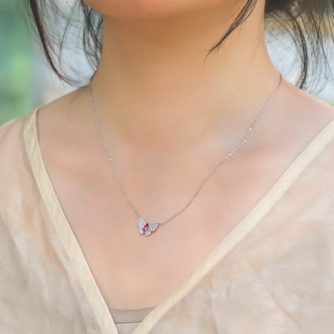 925 Sterling Silver Butterfly Pendant Necklace Lab-Grown Ruby Emerald Sapphire Zirconia Inlaid Clavicle Chain Jewelry Gift For Women