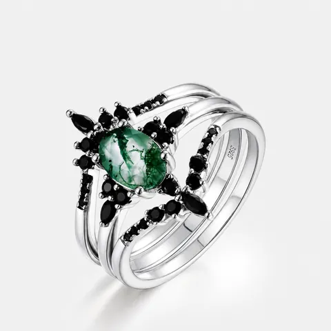 925 Sterling Silver Moss Agate Rings For Women Vintage Geometric Black Rhinestone Stackable Bridal Jewelry Rings Wedding