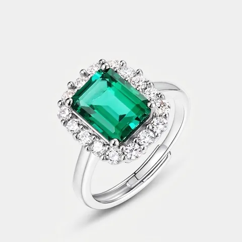 Retro 925 Sterling Silver Ring Lab-Grown Emerald Cut Green Gemstone Halo Adjustable Inlaid Zirconia Ring For Women Jewelry